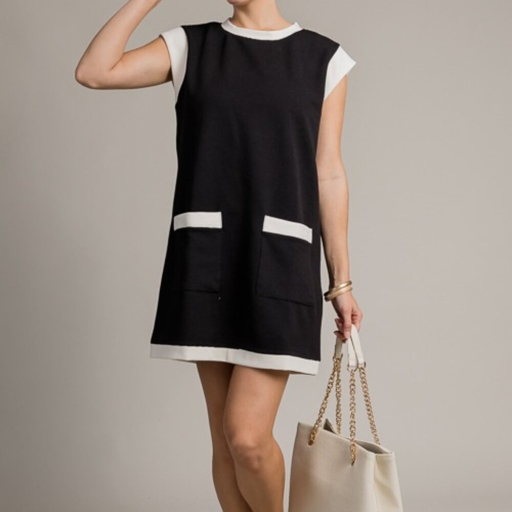 Entro Audrey Hepburn Style Two-Tone Rib Mini Dress In Black